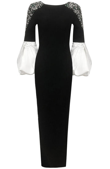 Puff Long Sleeve Crystal Maxi Dress Black White