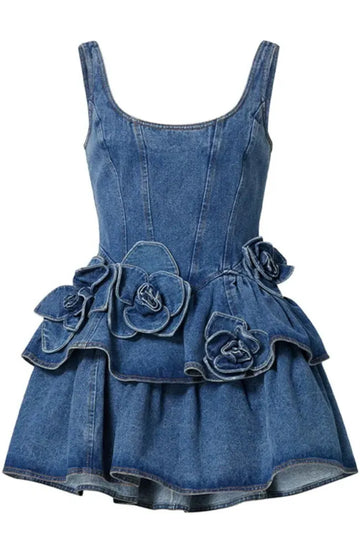 Floral Ruffle Detail Denim Dress Blue