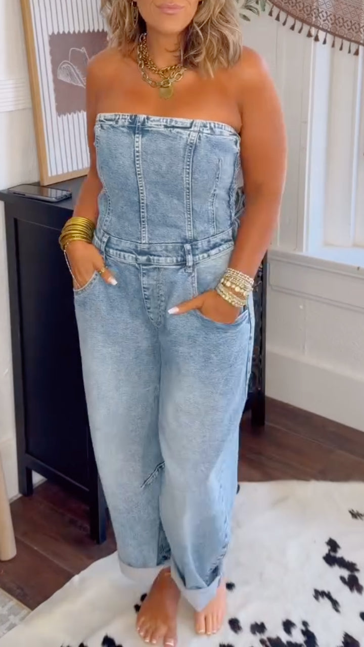 Light Wash Strapless Denim Jumpsuit