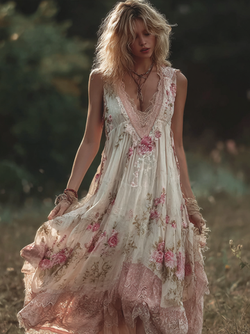 Bohemian Retro Pink Rose Lace Flowing Linen Maxi Dress