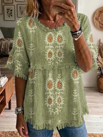 Ethnicity Totem Pattern Women's Art Casual Round Neck Linen T-shirt