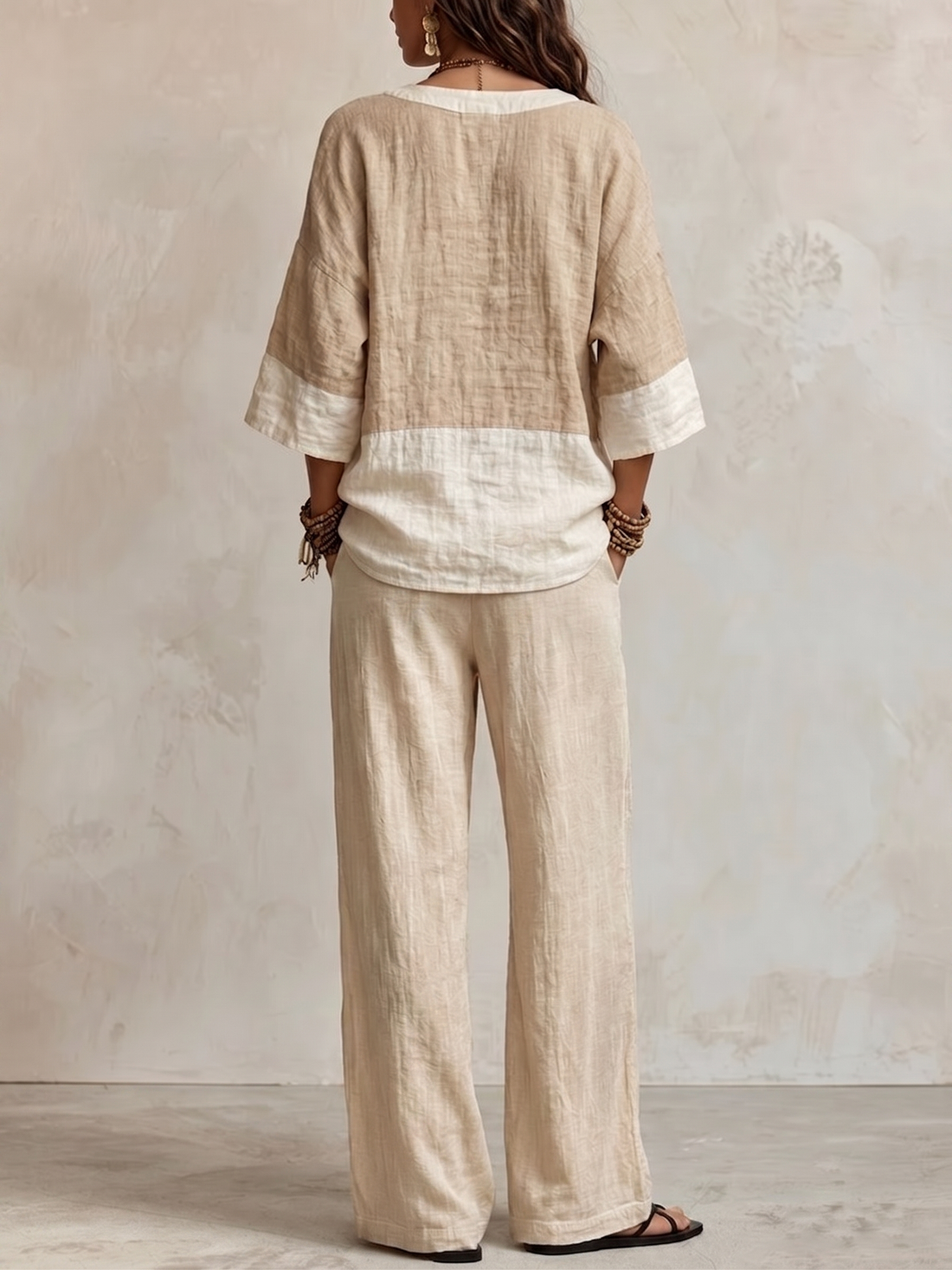 Light Khaki Color-blocked Top And Wide-leg Pants Set