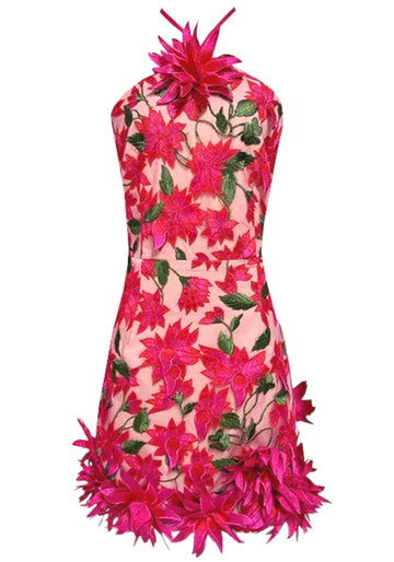 Halter Floral Embroidered Dress Hot Pink