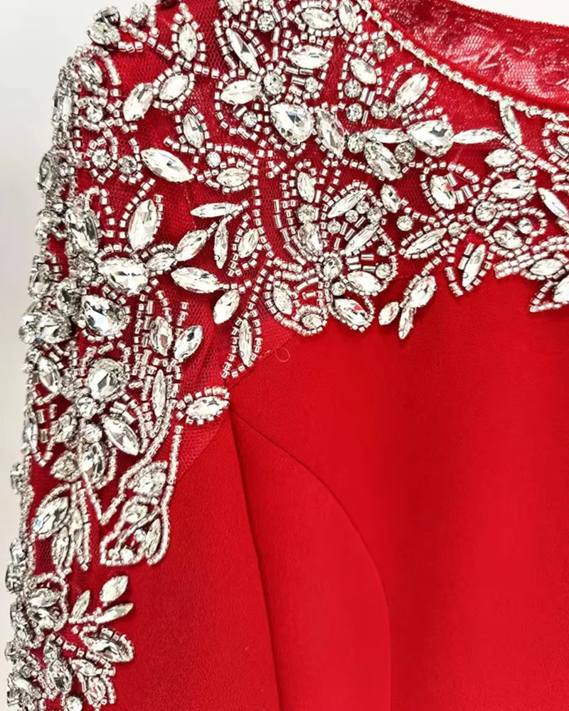 Long Sleeve Crystal Shoulder Midi Dress Red
