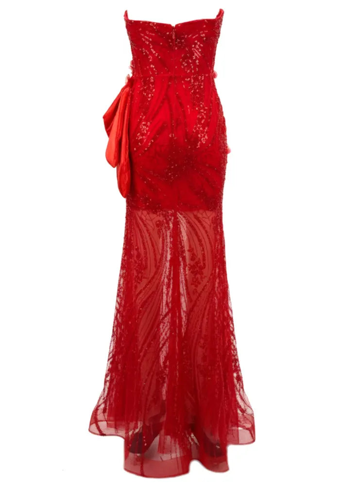 Strapless Floral Sequin Maxi Dress Red