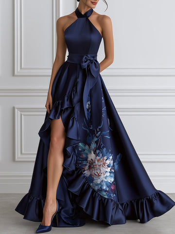 Floral Ruffle High-Low Halter Satin Evening Gown