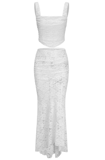 Ruched Lace Corset Two Piece Maxi Dress White