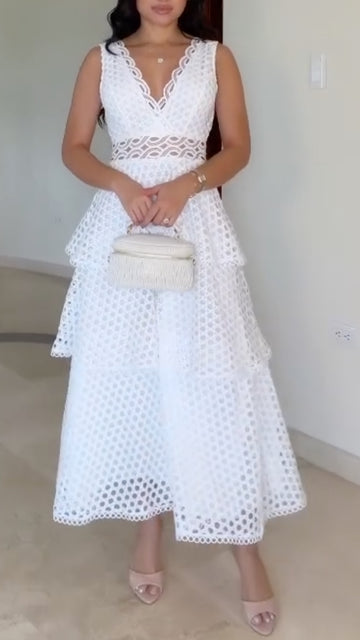 Women's V-Neck Cutout Lace Tiered Dress