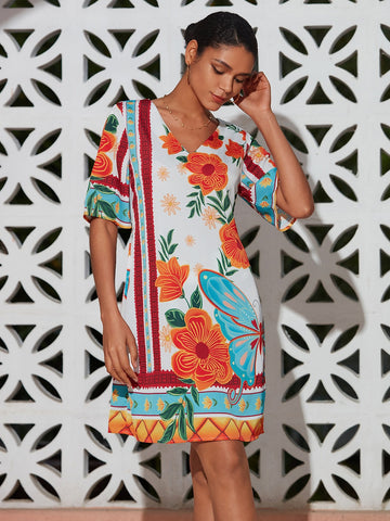 Vacation Print Satin Short Sleeves Mini Dress