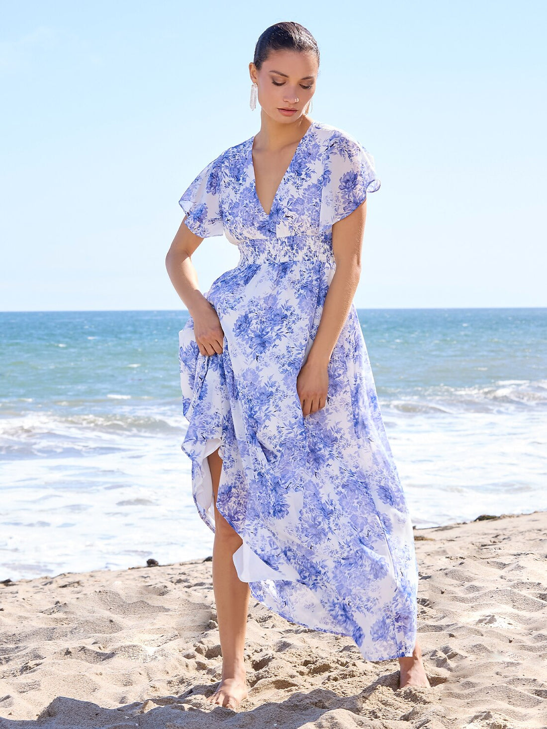 Chiffon Floral Short Sleeve V Neck Maxi Dress