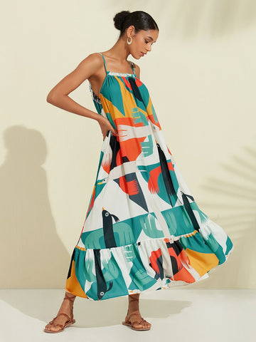 Rainbow Nature Landscape Trim Cami Midi Chiffon Dress