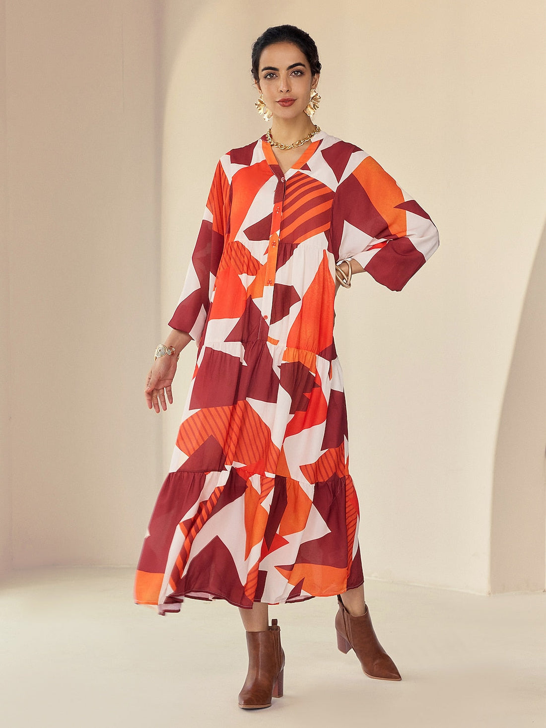 Chiffon Geometric Pattern V-Neck Casual Daily Maxi Dress