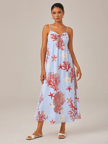 Chiffon Red Ocean-Themed Cami Maxi Dress