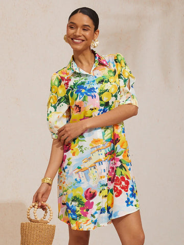 Holiday Citrus Garden Silky Satin Straight Shirt Dress