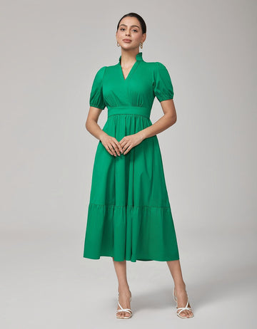 Deep Moss Green Cotton Puff Sleeve Dress