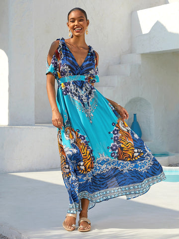 Indigo Tigress Flowy Chiffon Vacation  Maxi Dress