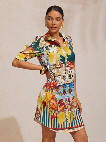 Santorini Summer Silky Scenic Floral Shirt Dress