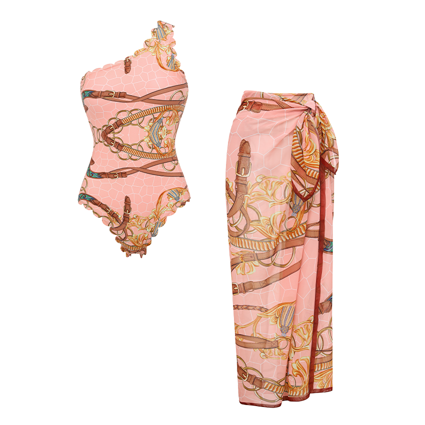 One Shoulder Lace Printed Swimsuit Set(s)