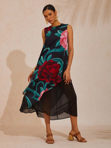 Emerald Rose Garden Flowy Chiffon Maxi Dress