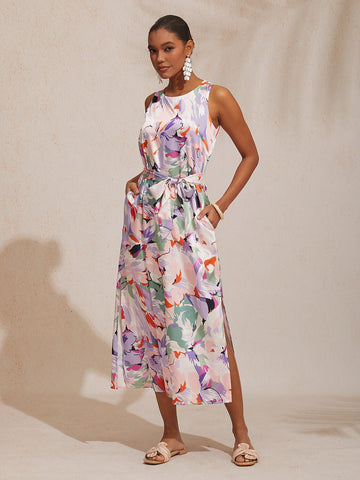 Spring Blooms Silky Ruched Pink Summer Maxi Dress