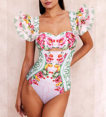 Ruffle Cut Out Lemon Floral Pattern Print One Piece Swimsuit and Skirt
