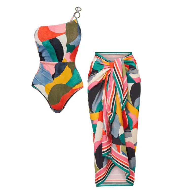 O Ring One Shoulder Printed One Piece Swimsuit and Sarong