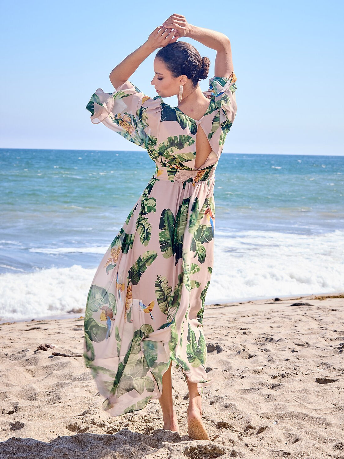Chiffon Botanical Print Flowy Maxi Dress Vacation