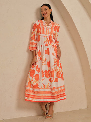 Satin Loose Stand Collar Floral Maxi Dress