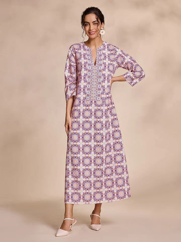 Ethnic Floral Print Notched Collar Vacation Style Maxi Dress