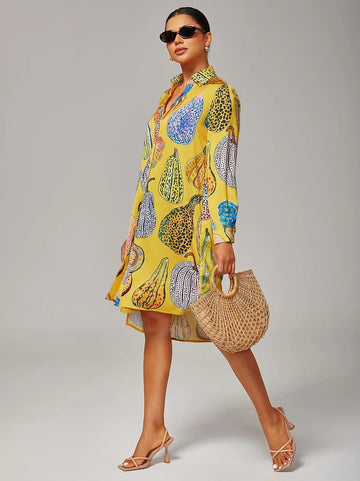 Asymmetrical Hem Pumpkin Print Shirt Dress