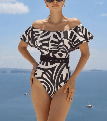 Off Shoulder Black Retro Printed Swimsuit Set(s)