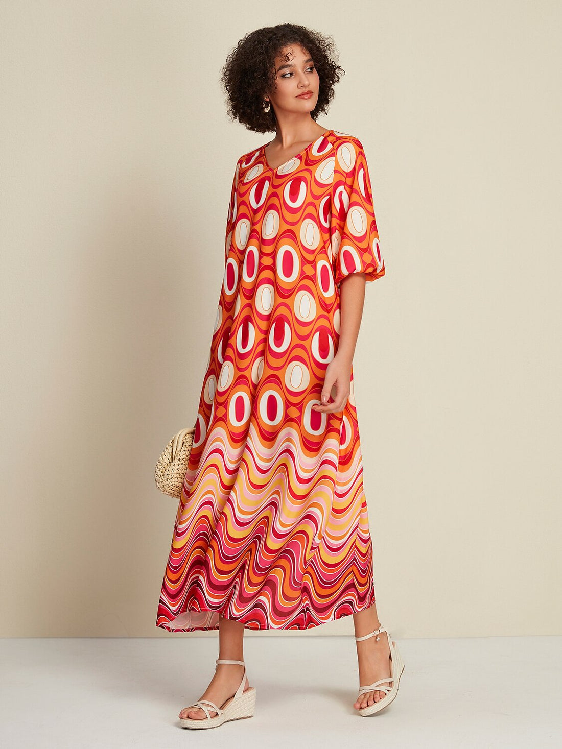 Bohemia Style Satin Lines Waves Maxi Dress