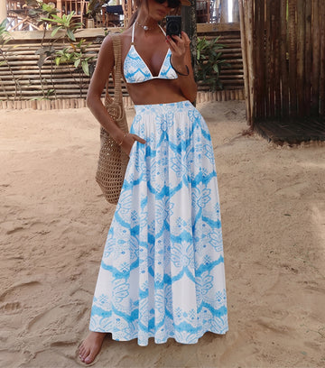 Halter Neck Light Blue Printed Sexy Bikini Swimsuit Set(s)