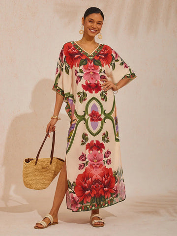 Hawaii Palm Flowy Chiffon Floral Maxi Dress