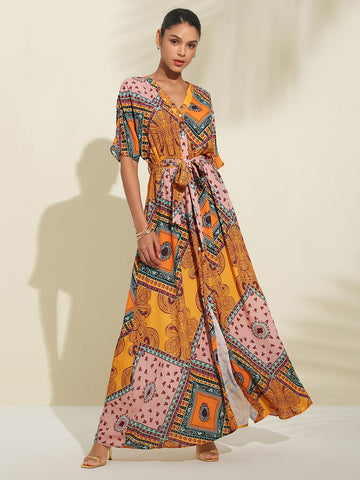 Ethnic Style Flowy Chiffon Maxi Dress