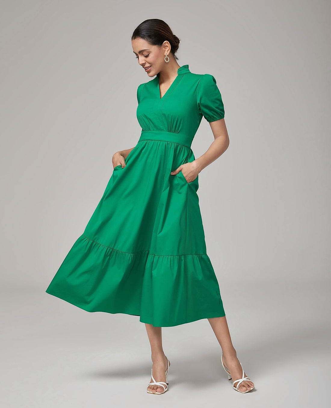 Deep Moss Green Cotton Puff Sleeve Dress