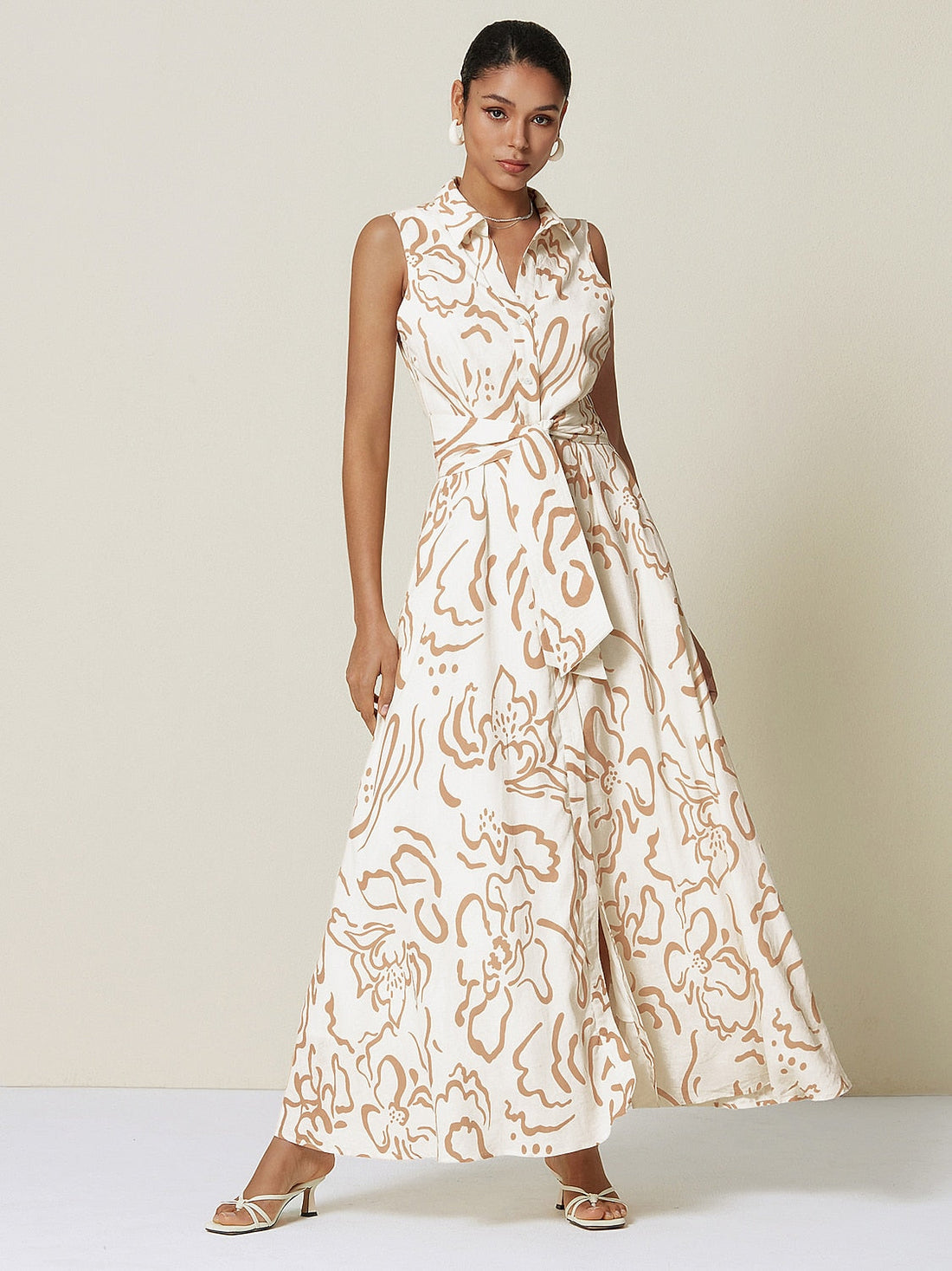 Abstract Floral Effortless Linen-Style Shirt Dress