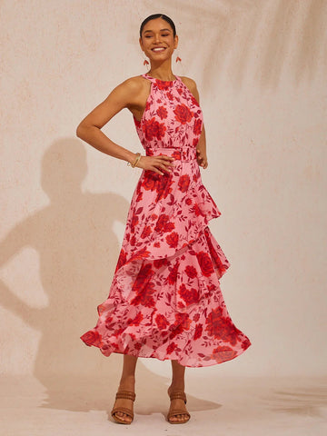 Spring Blooms Flowy Chiffon Waist-Cinching Maxi Dress