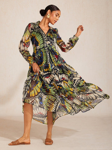 Jungle Butterfly Flowy Chiffon Maxi Dress