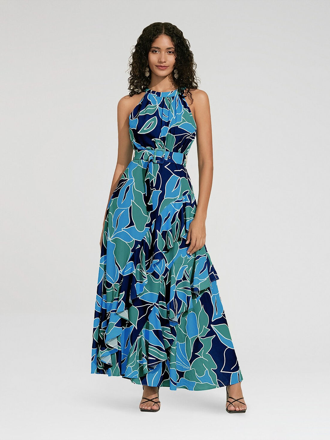 Chiffon Floral Print Halter Neck Ruffle Maxi Dress