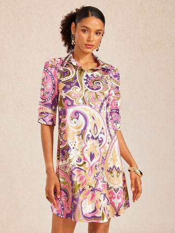 Lavender Paisley Flora Silky Satin Shirt Dress