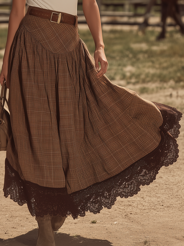 Vintage-style Casual Yet Elegant Western-inspired Brown Plaid Lace Skirt