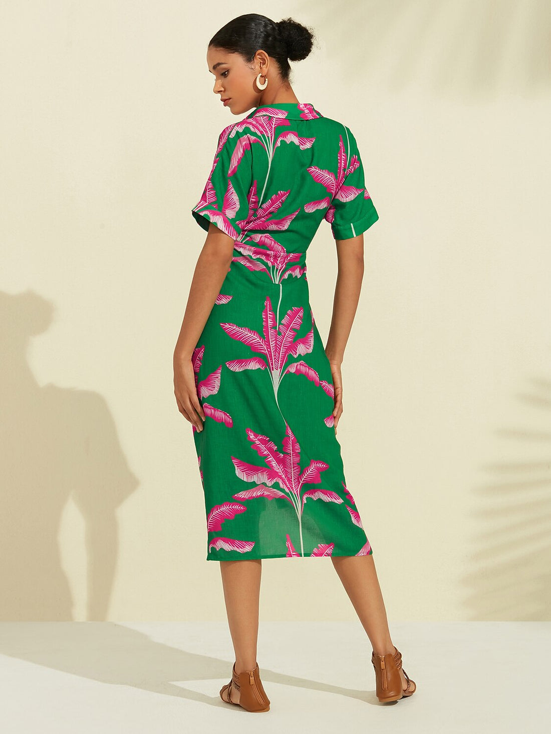Tropical Print Shirred Midi Dress