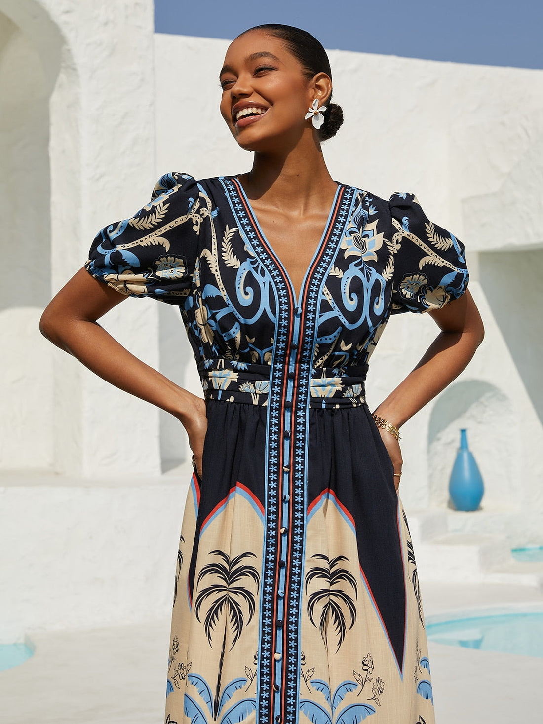 Summer Night Palm Linen-Style A-Line Dress