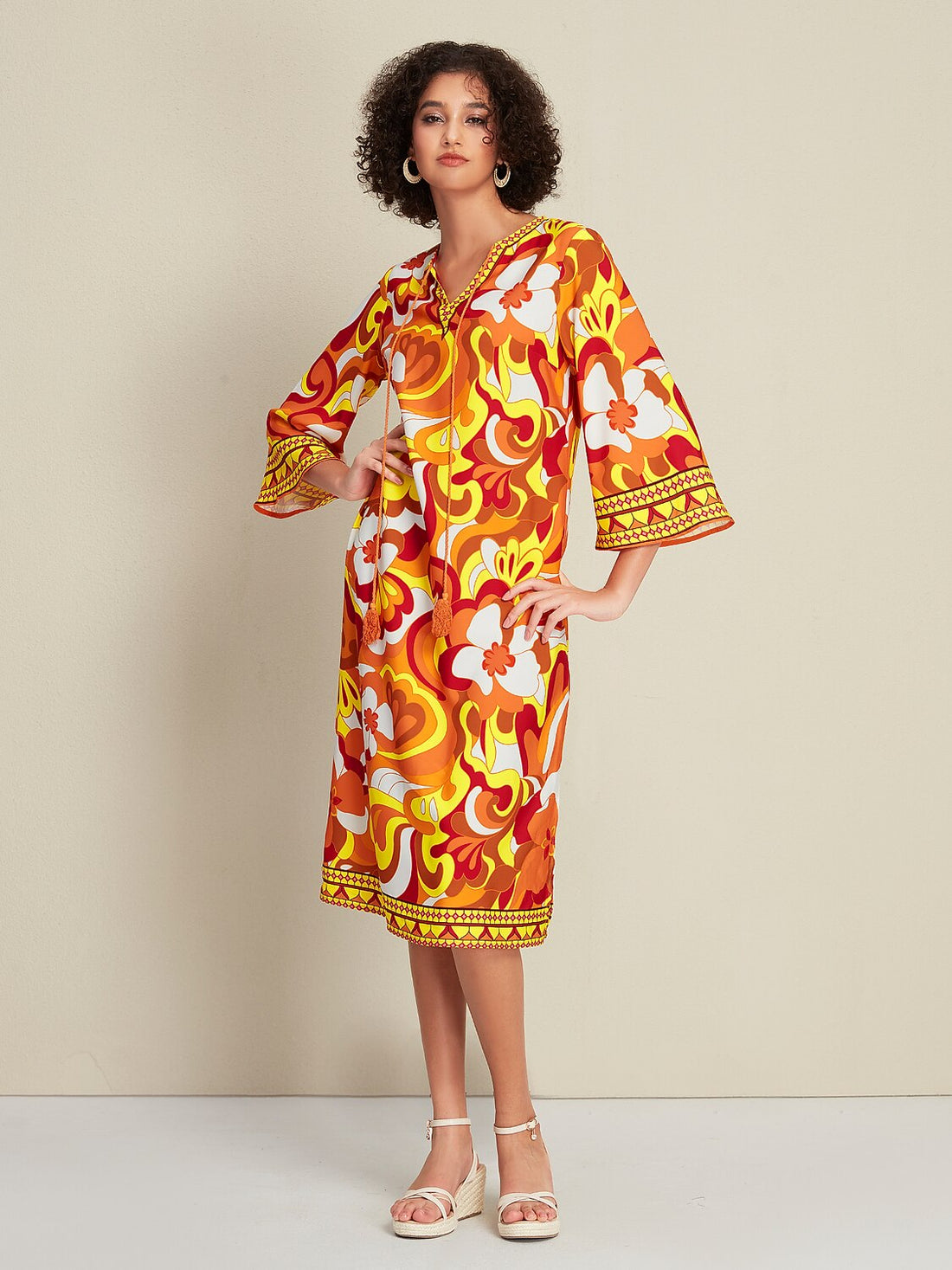 Satin Floral Print Tie Front Midi Dress