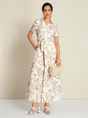 Abstract Floral Linen-Style Classic Shirt Dress