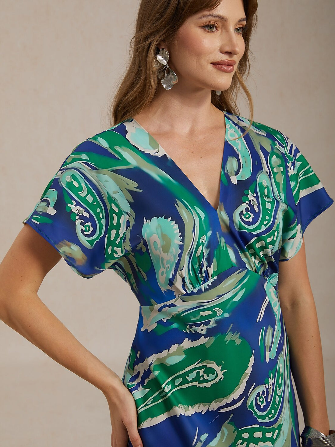 Vacation Satin Green Paisley Print Maxi Dress