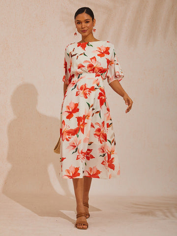 Spring Blooms Flowy Chiffon Waist-cinching Maxi Dress