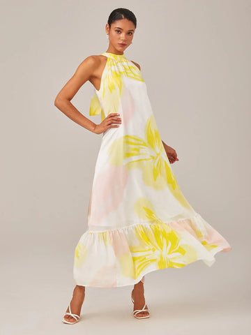 Chiffon Floral Print Loose A-line Halter Maxi Dress