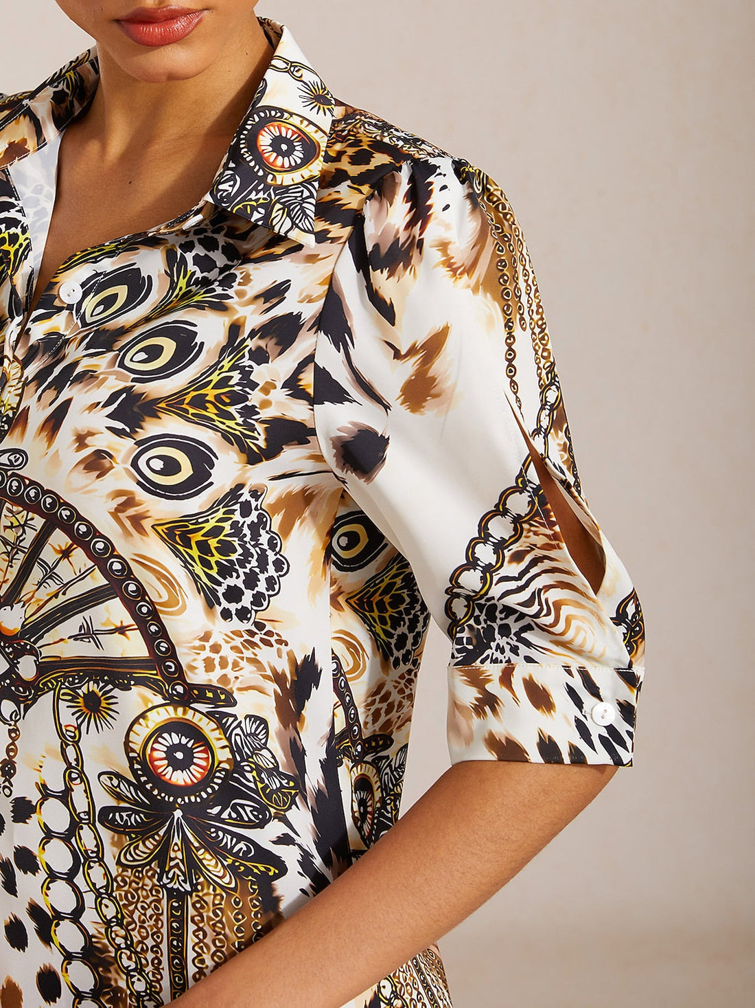 Vintage Leopard Jewelry Silky Satin Straight Shirt Dress